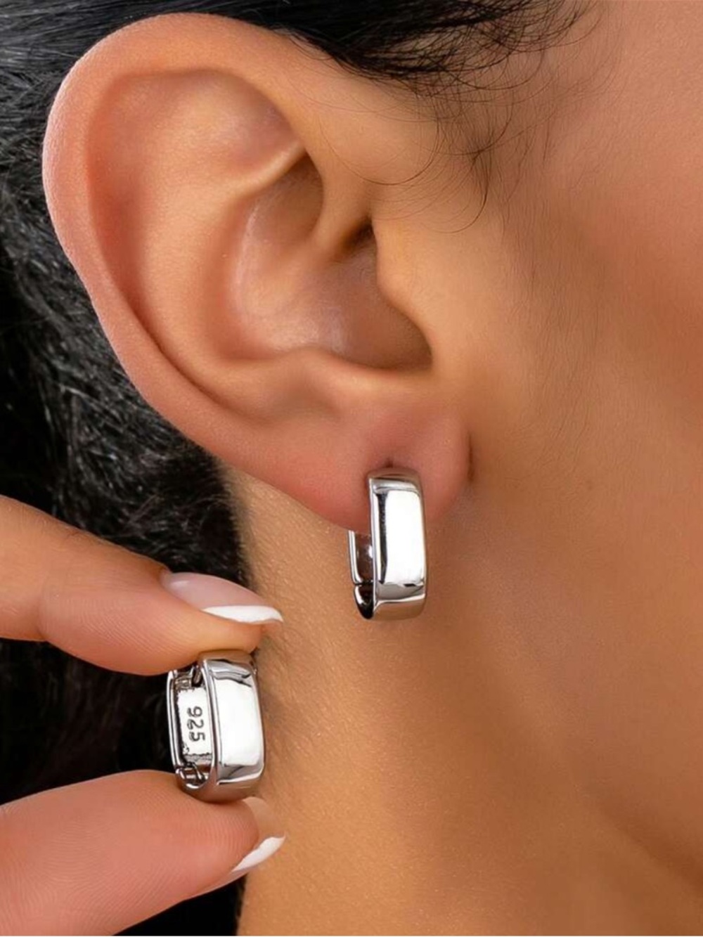 925 Sterling Silver Chunky Small Hoop Earrings - Picture 3 of 10